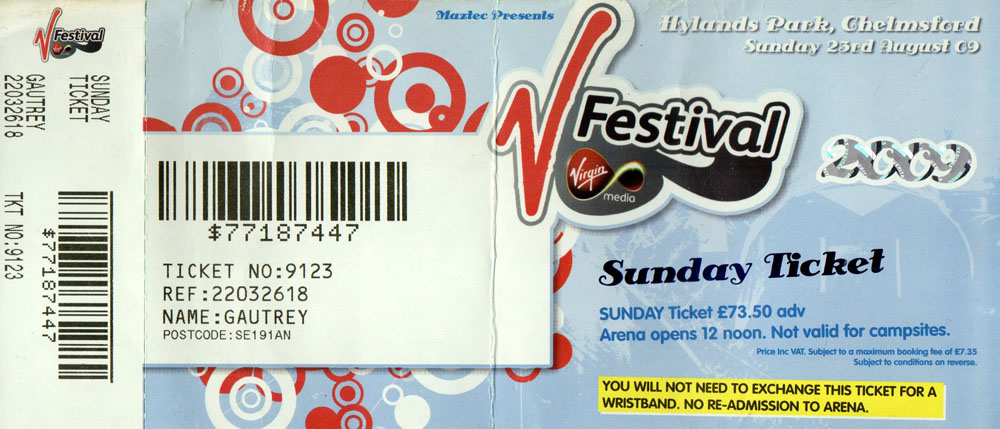 One Of The Three | 2009-08-23 V Festival Chelmsford ticket2009-08-23 V  Festival Chelmsford ticket - One Of The Three